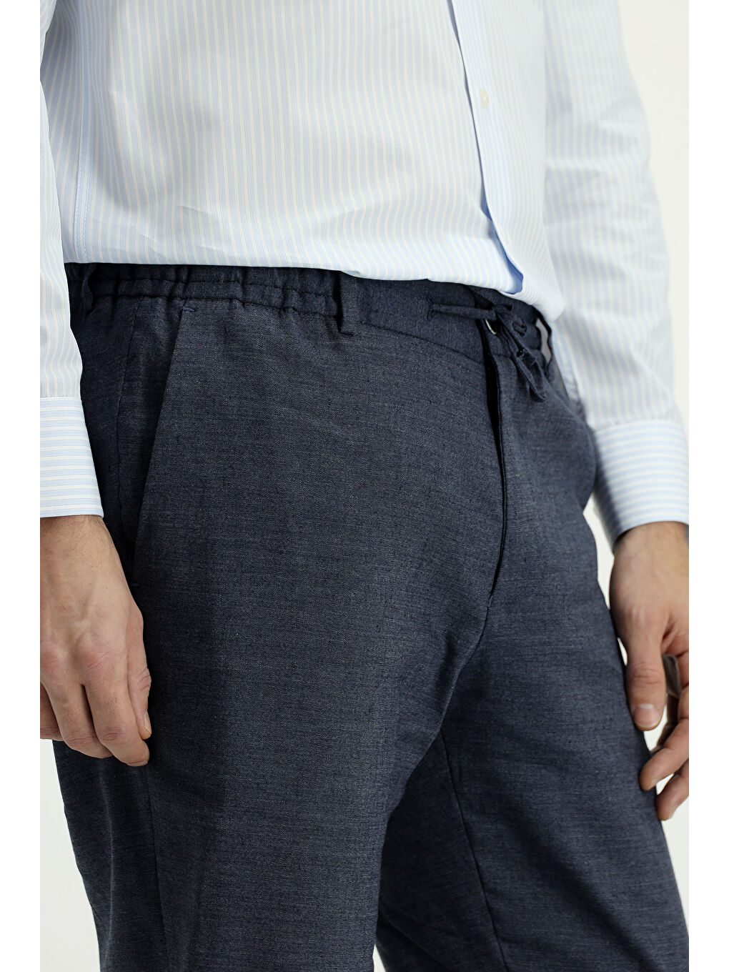 Lacivert Slim Fit Dar Kesim Beli Lastikli İpli Keten Karışımlı Pantolon-2