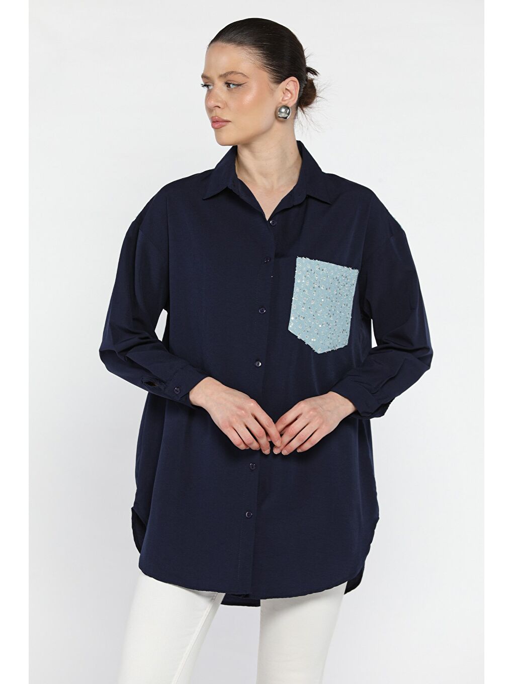 Lacivert Jean Garnili Kadın Gömlek-1