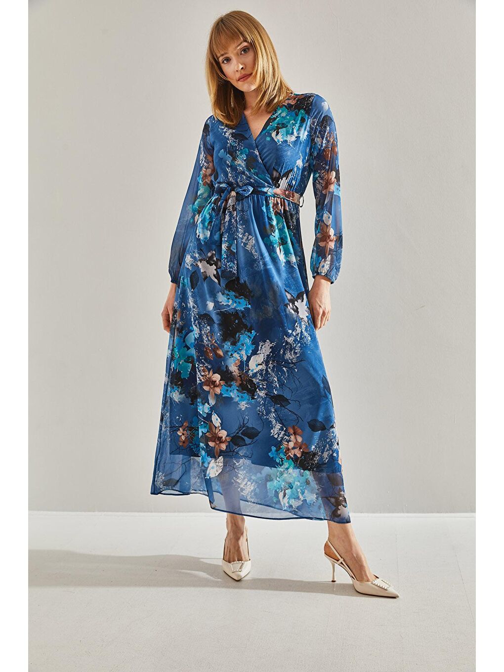 Mavi Kadın Astarlı Beli Lastikli V Yaka Kruvaze Kuşaklı Şifon Elbise-3