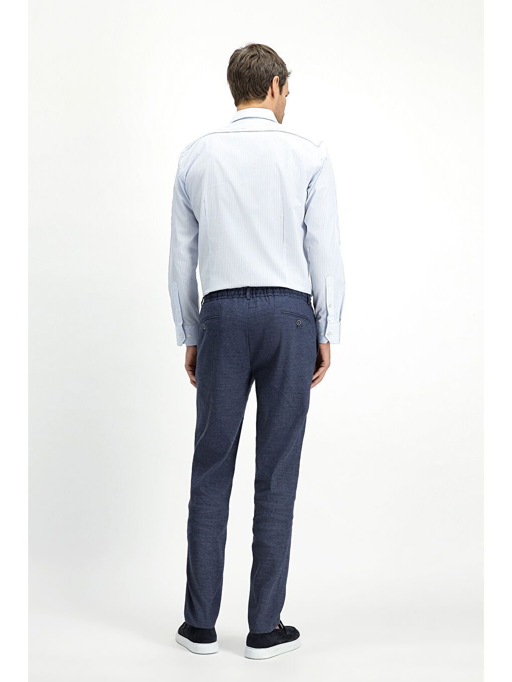 Lacivert Slim Fit Dar Kesim Beli Lastikli İpli Keten Karışımlı Pantolon-3