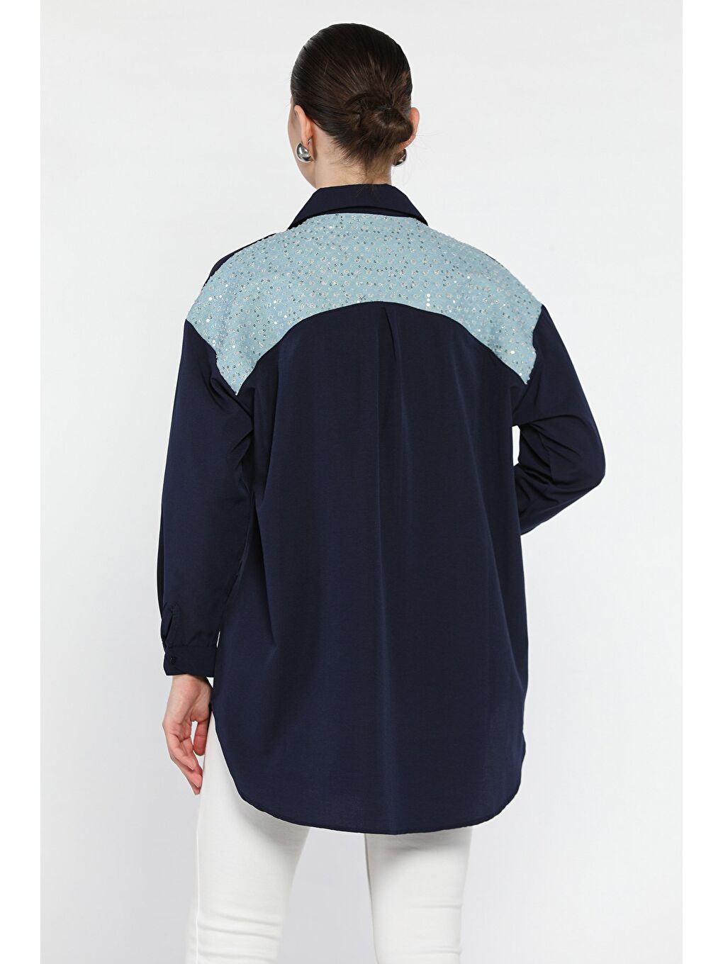 Lacivert Jean Garnili Kadın Gömlek-2