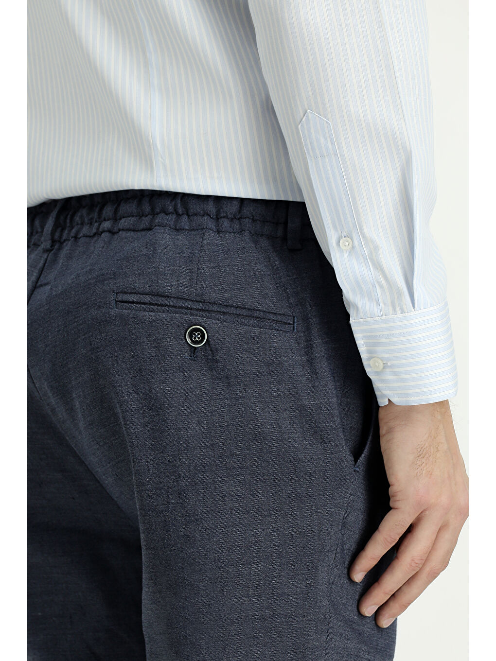 Lacivert Slim Fit Dar Kesim Beli Lastikli İpli Keten Karışımlı Pantolon-4