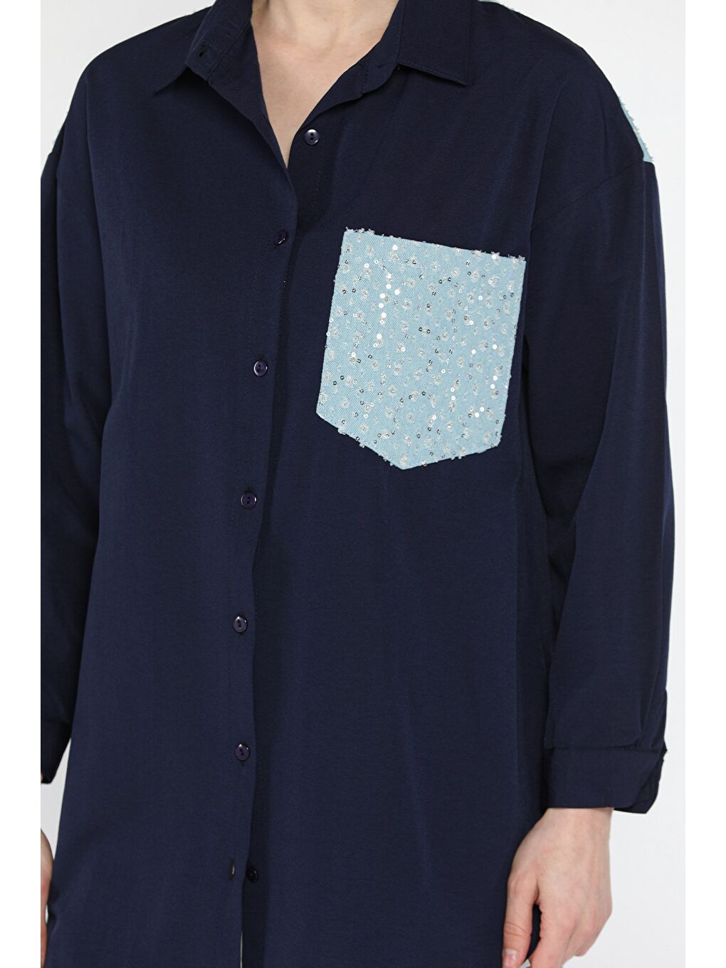 Lacivert Jean Garnili Kadın Gömlek-3