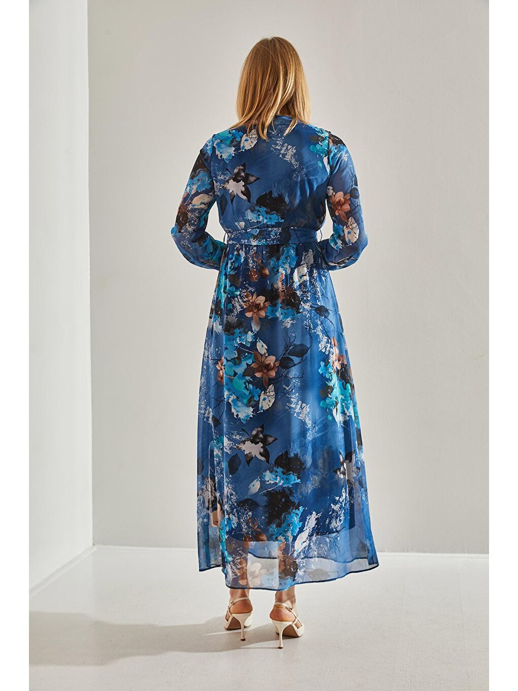 Mavi Kadın Astarlı Beli Lastikli V Yaka Kruvaze Kuşaklı Şifon Elbise-5