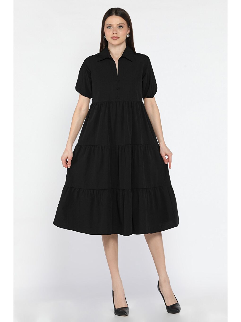 Siyah Kadın V Yaka Kısa Kol Elbise