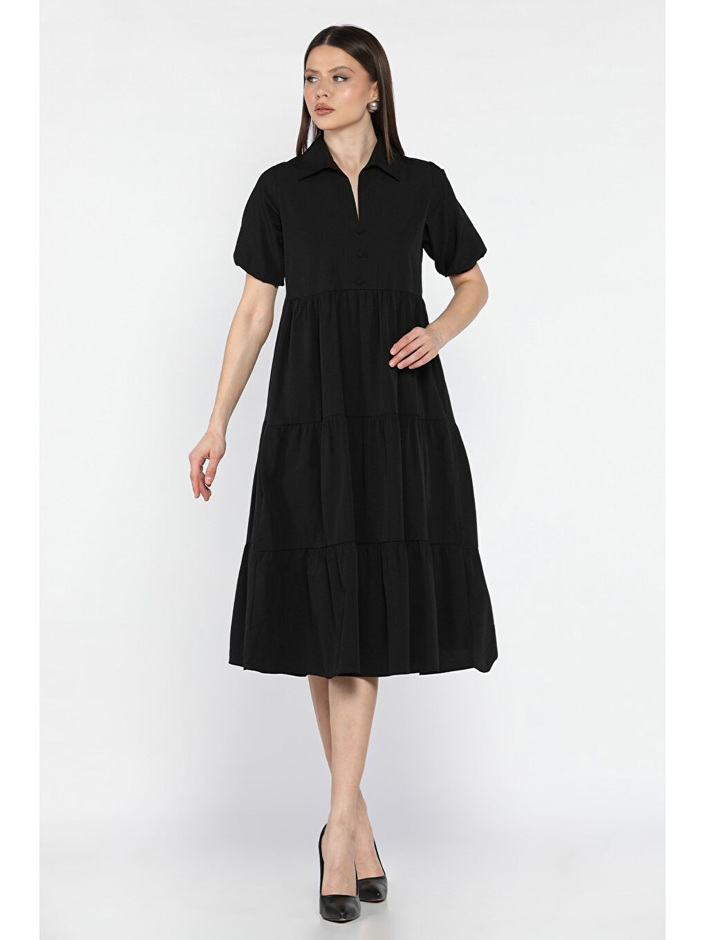 Siyah Kadın V Yaka Kısa Kol Elbise-1