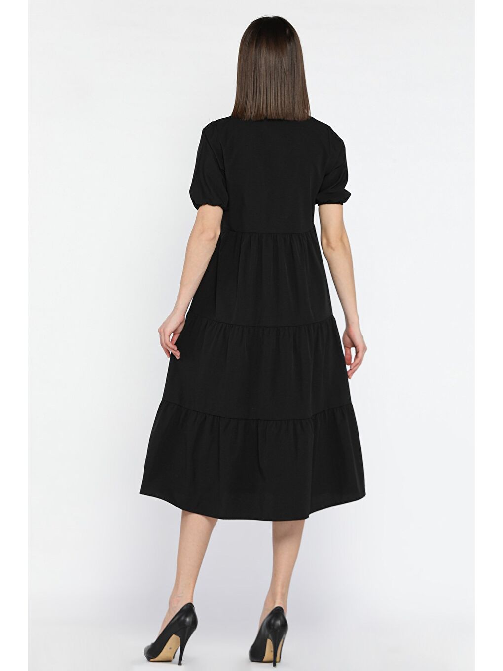 Siyah Kadın V Yaka Kısa Kol Elbise-2