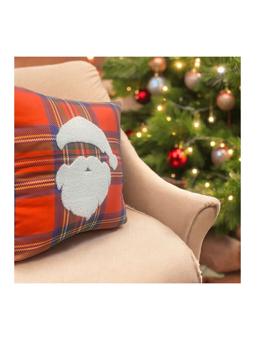 Outlet Yılbaşı Kırlent Kılıfı Kırmızı Ekose Kumaş Beyaz Punch Yılbaşı Ağacı Desenli Süzene Panç-1