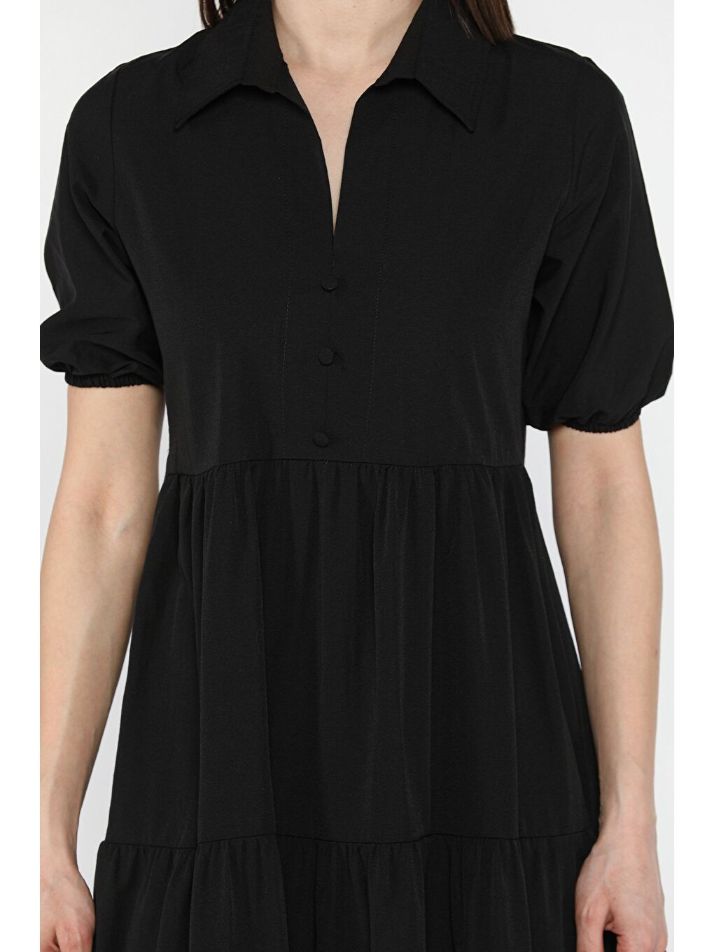 Siyah Kadın V Yaka Kısa Kol Elbise-3