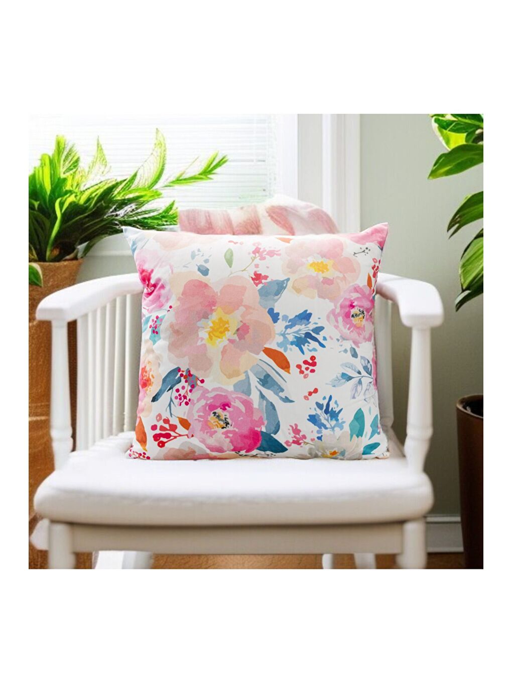 Pembe Çiçek Yaz Desen Dekoratif Kırlent Kılıfı 43x43