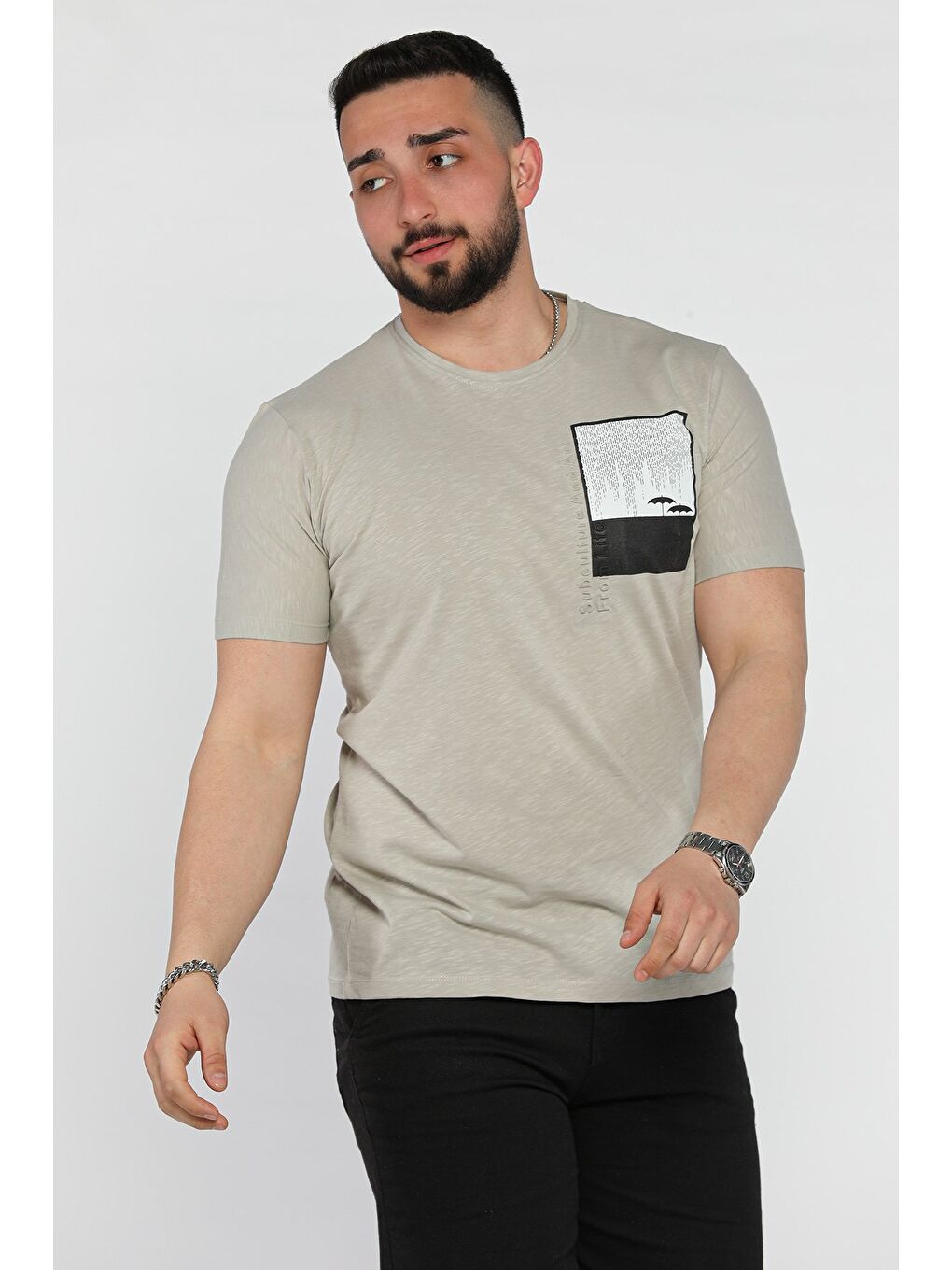 Gri Baskılı Bisiklet Yaka Erkek Tişört-1