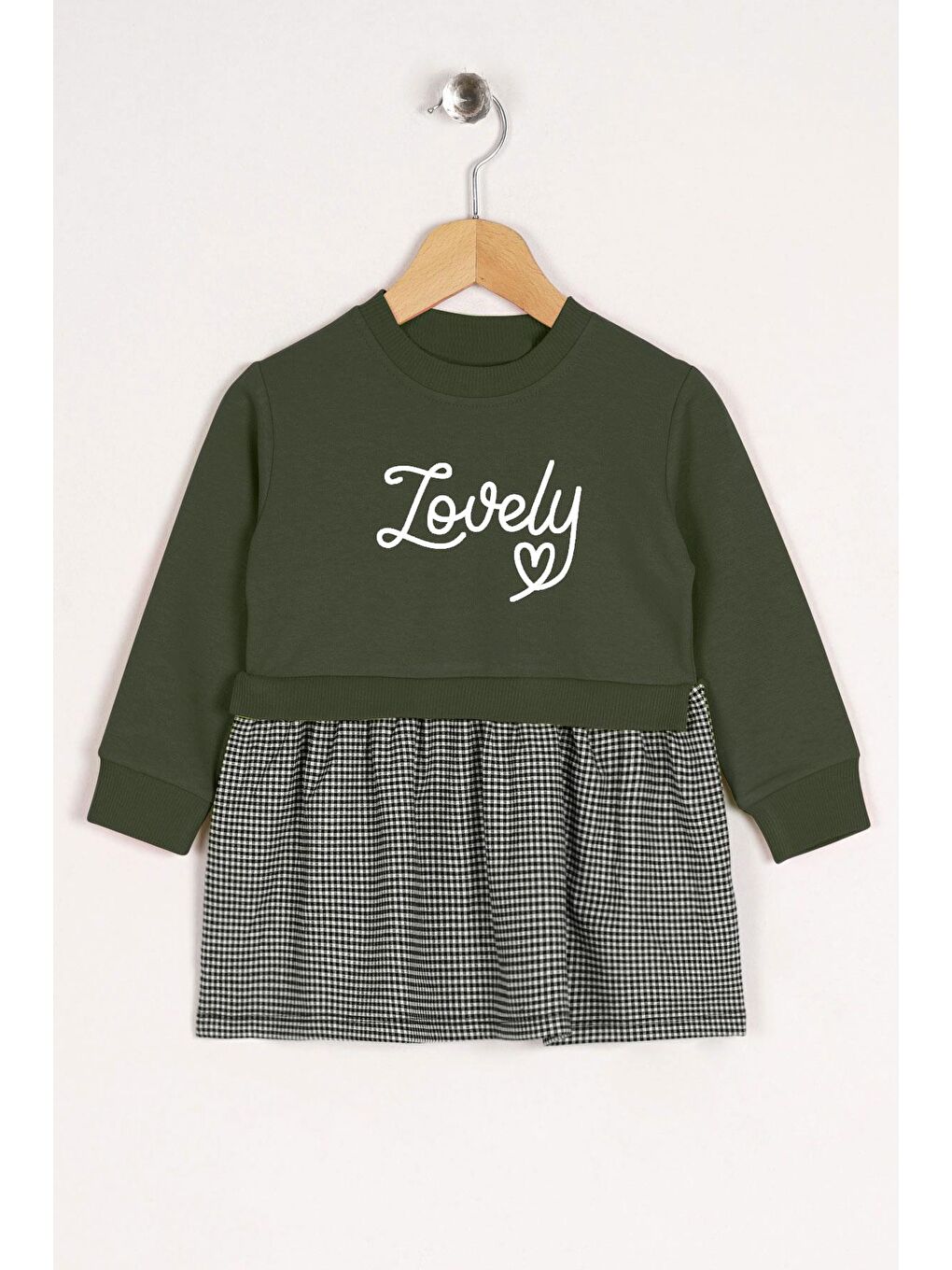 Bisiklet Yaka Uzun Kol Lovely Baskılı Eteği Ekose Haki Renk Kız Çocuk Elbise