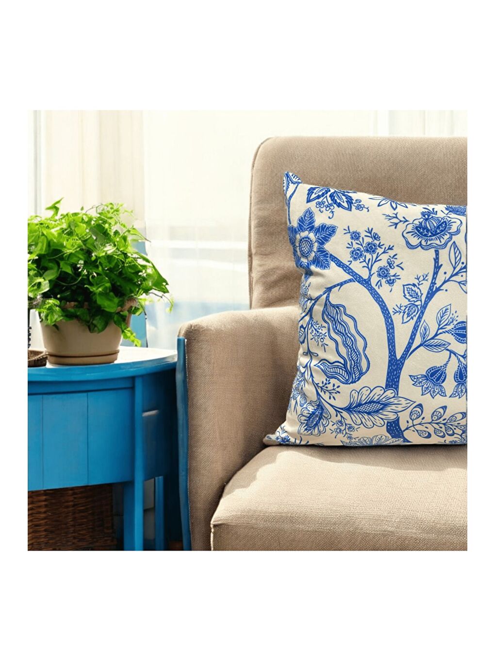 Mavi Çiçekli Yaz Desen Dijital baskı Dekoratif Kırlent Kılıfı 43x43-1