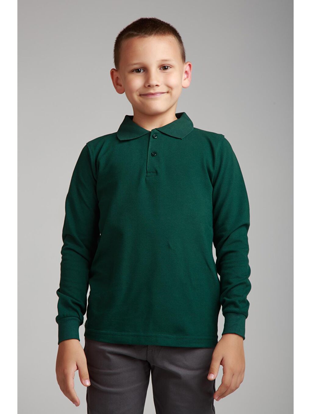 ajn Haki-Yeşil Kids Polo Yaka Basic Uzun Kollu Erkek Çocuk Tişört