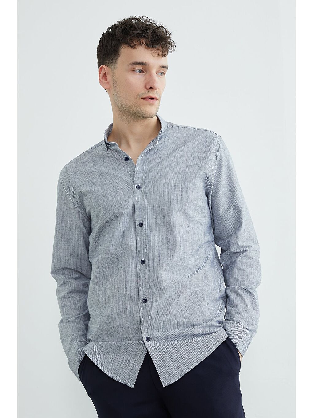 Lacivert Çizgili Düğmeli Gömlek