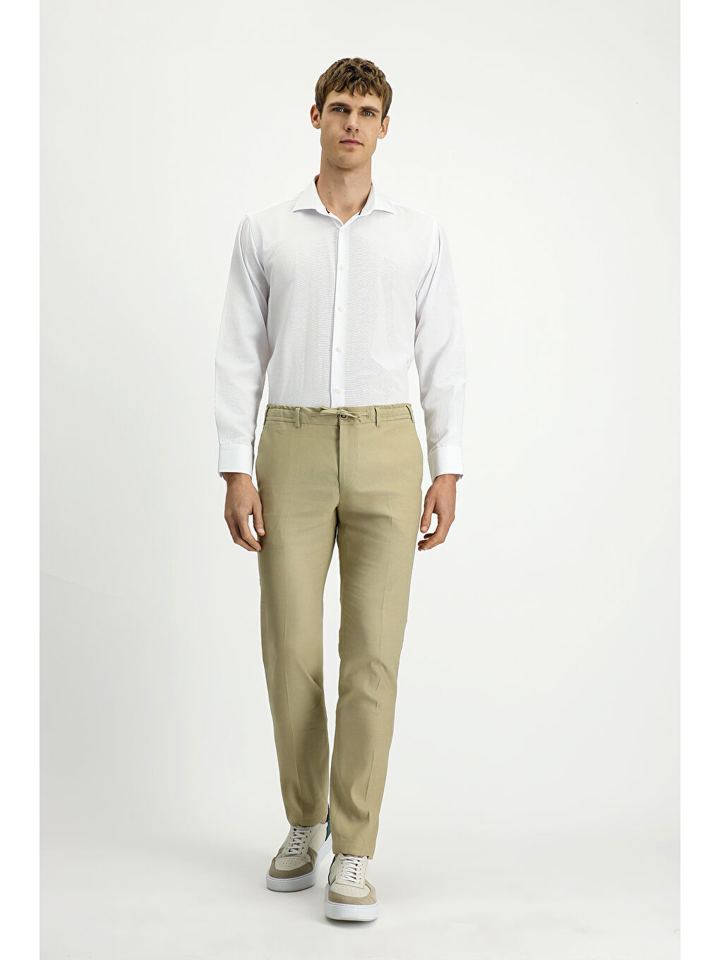 Bej Slim Fit Dar Kesim Beli Lastikli İpli Keten Karışımlı Pantolon