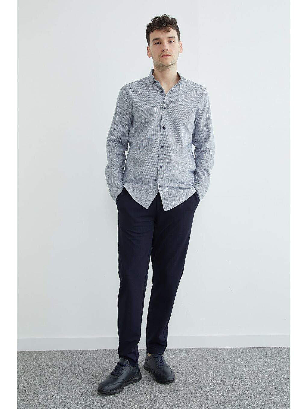 Lacivert Çizgili Düğmeli Gömlek-3