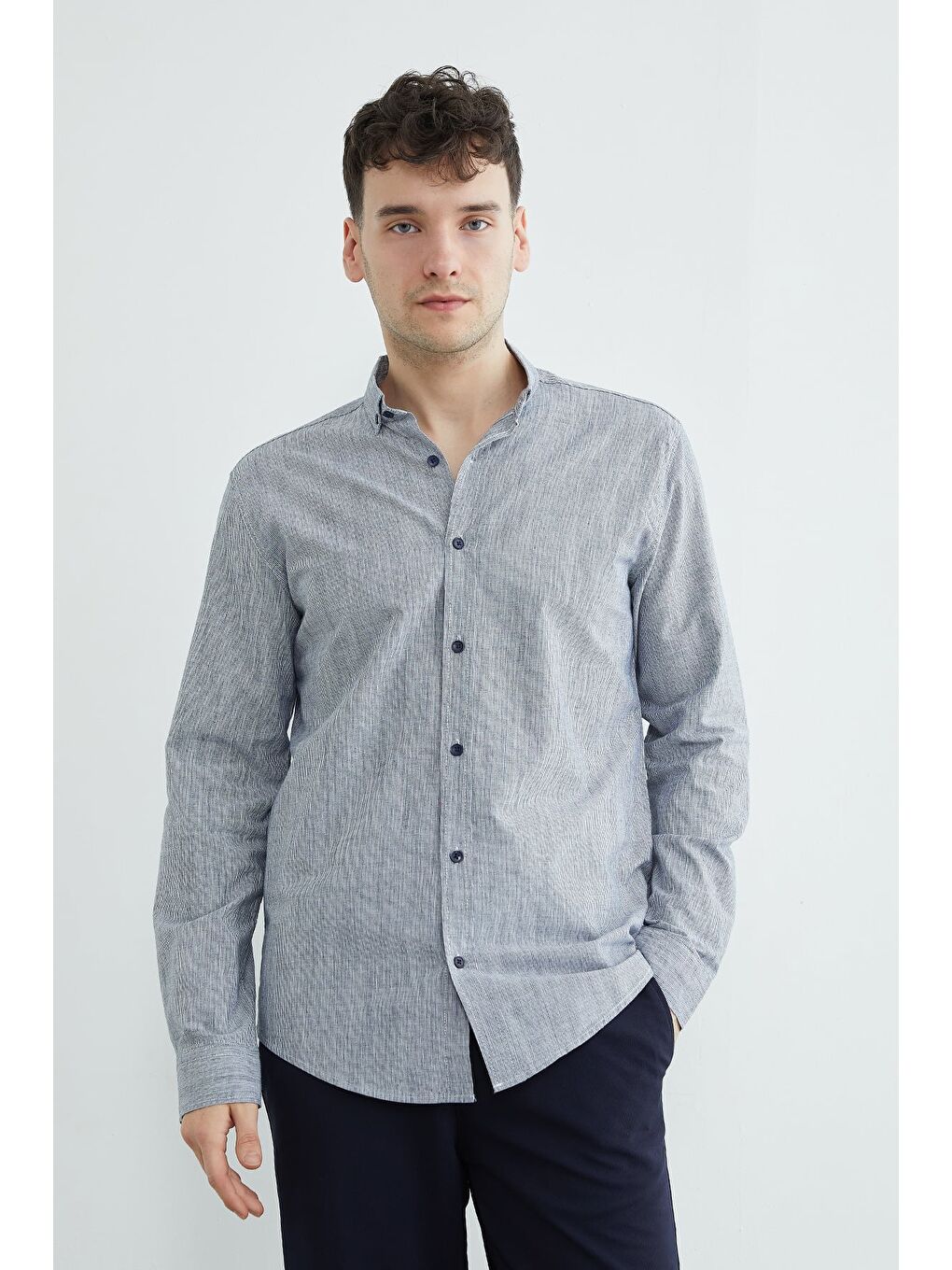 Lacivert Çizgili Düğmeli Gömlek-4