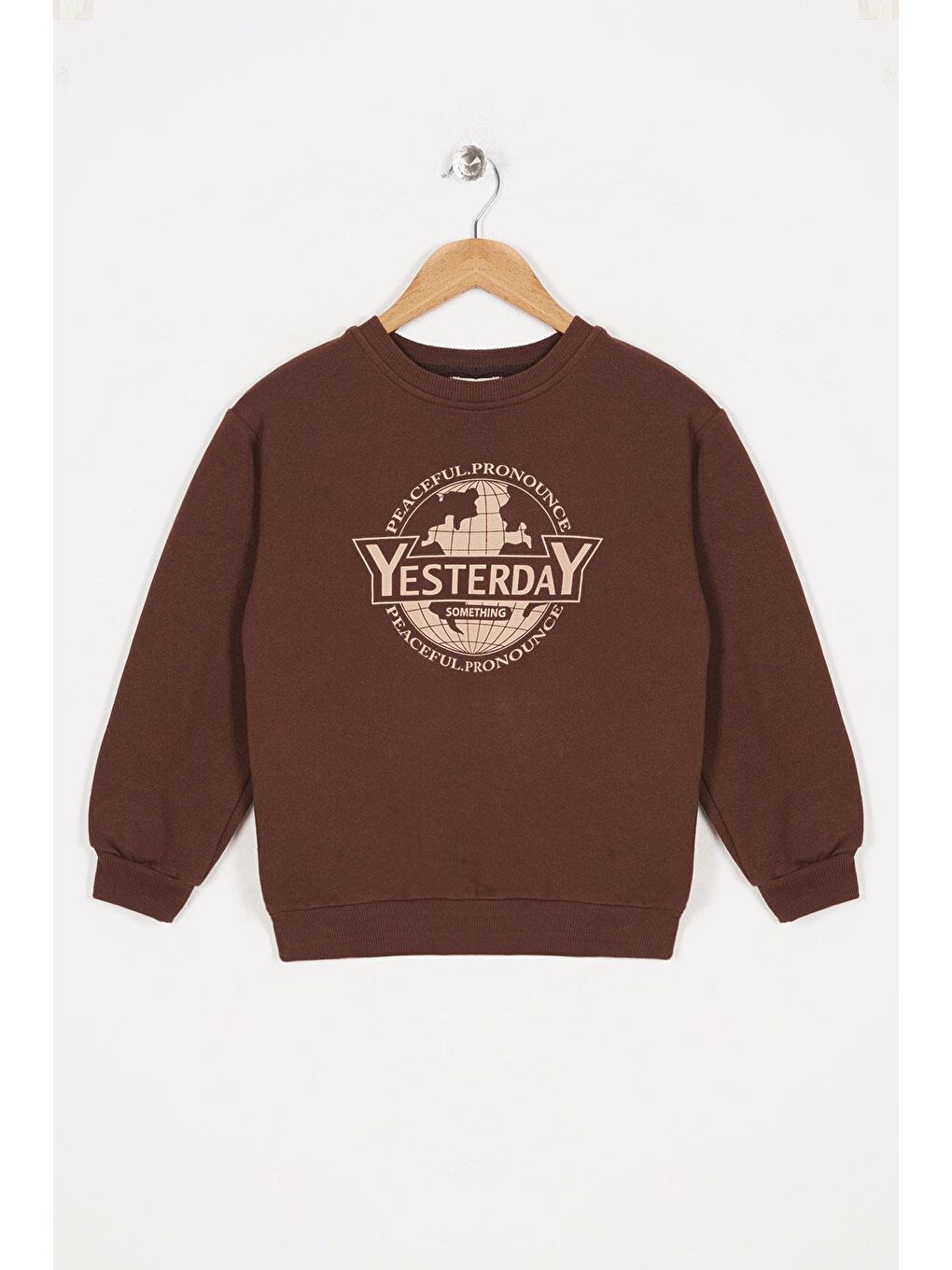 Bisiklet Yaka Uzun Kol Yesterday Yazı Baskılı Kahverengi Renk Kız Çocuk Sweatshirt