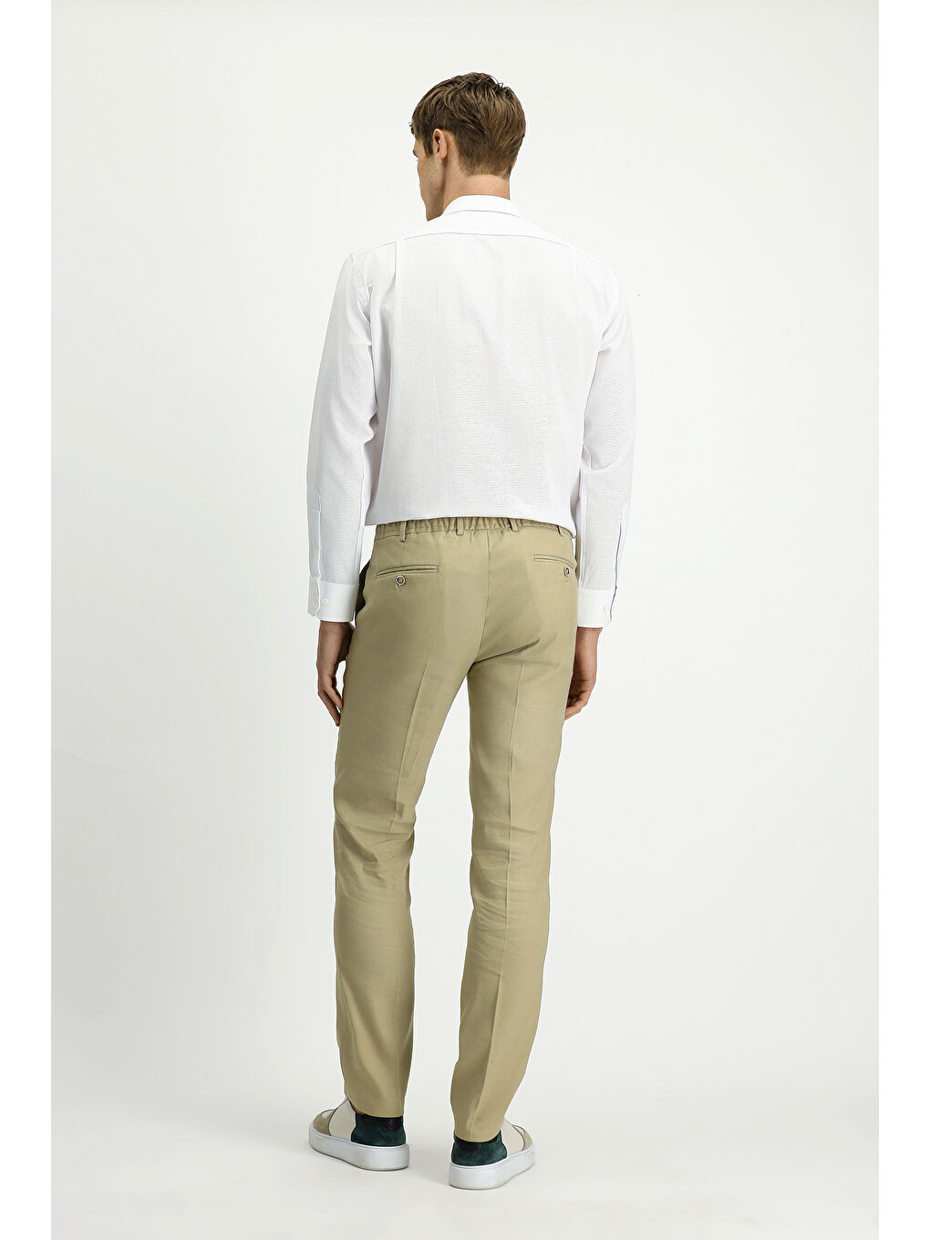 Bej Slim Fit Dar Kesim Beli Lastikli İpli Keten Karışımlı Pantolon-2