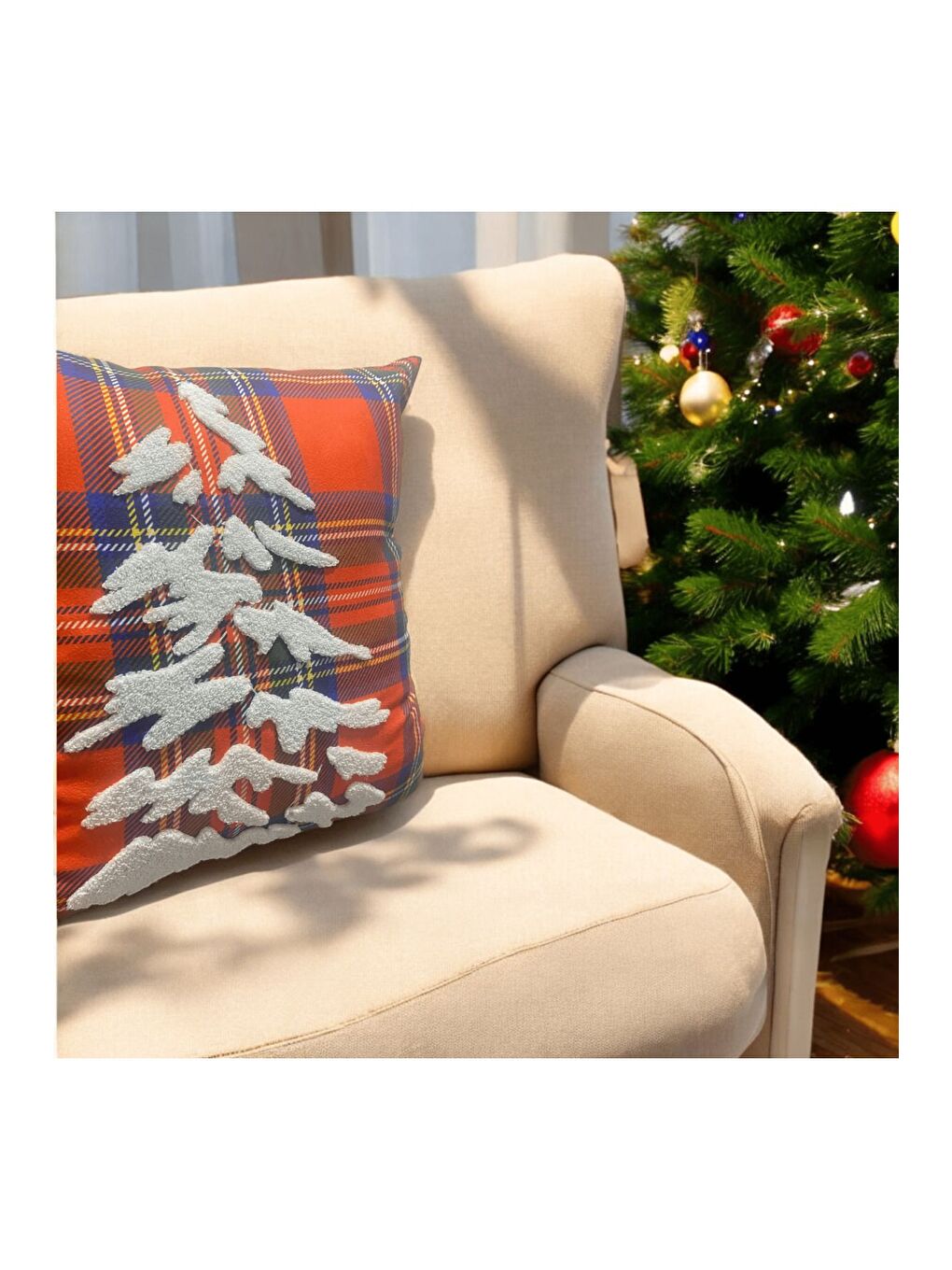 Outlet Yılbaşı Kırlent Kılıfı Kırmızı Ekose Kumaş Beyaz Punch Yılbaşı Ağacı Desenli Süzene Panç-1