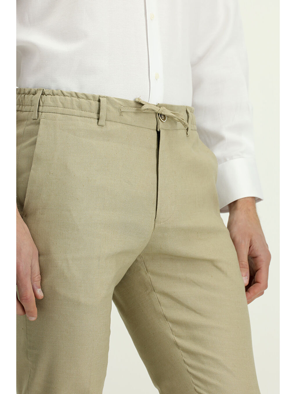 Bej Slim Fit Dar Kesim Beli Lastikli İpli Keten Karışımlı Pantolon-3