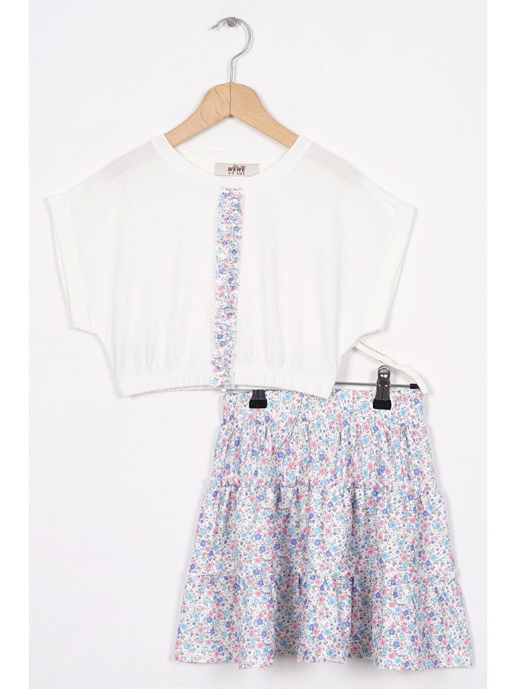 Beli Lastikli Duble Kol Çiçekli Mavi Renk Kız Çocuk Etekli Takım