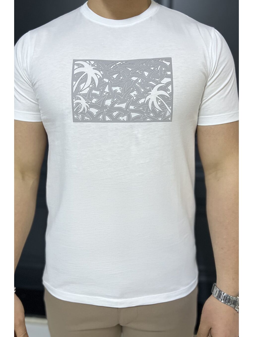 Beyaz Erkek Bisiklet Yaka Baskılı Tişört-2