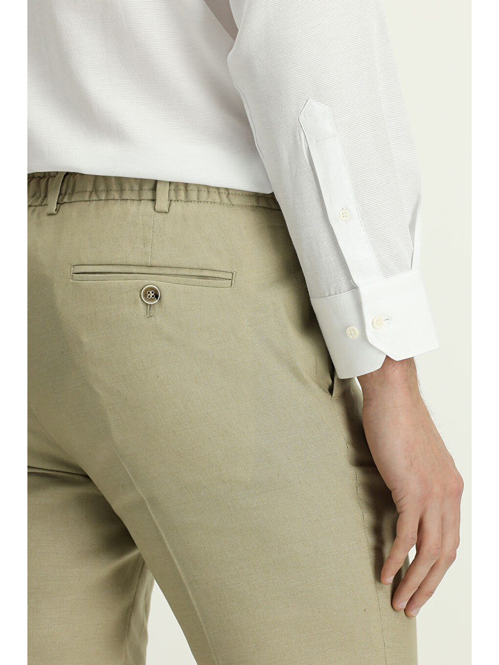 Bej Slim Fit Dar Kesim Beli Lastikli İpli Keten Karışımlı Pantolon-4