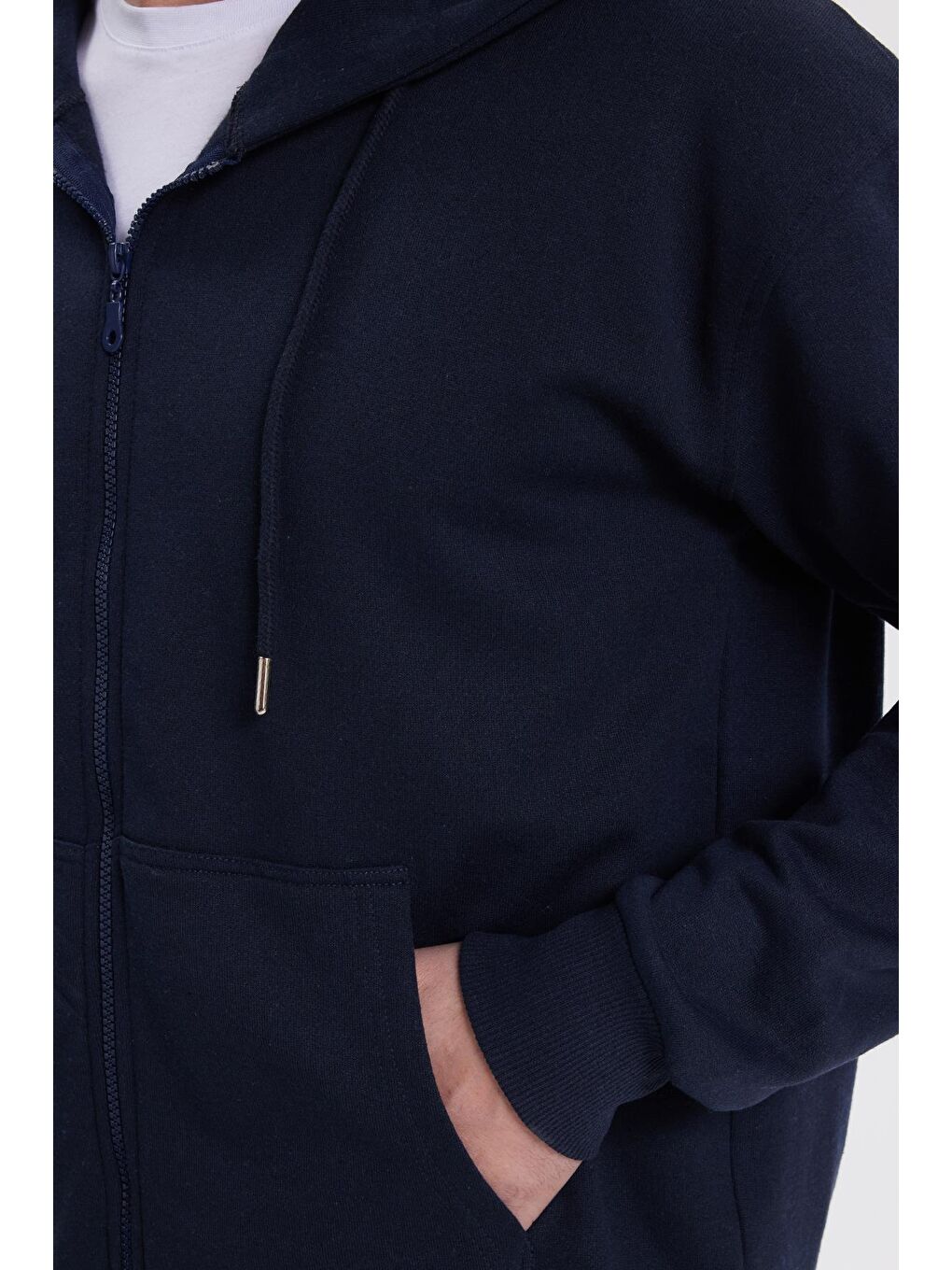 Erkek Relax Fit Rahat Kesim Pamuklu Tam Fermuarlı Kanguru Cepli Sırt Çantalı Lacivert Sweatshirt-2