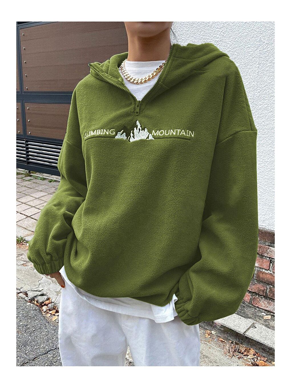 Trendseninle Haki Kadın Haki Climbing Mountain Baskılı Oversize Yarım Fermuarlı Kapüşonlu Polar Sweatshirt