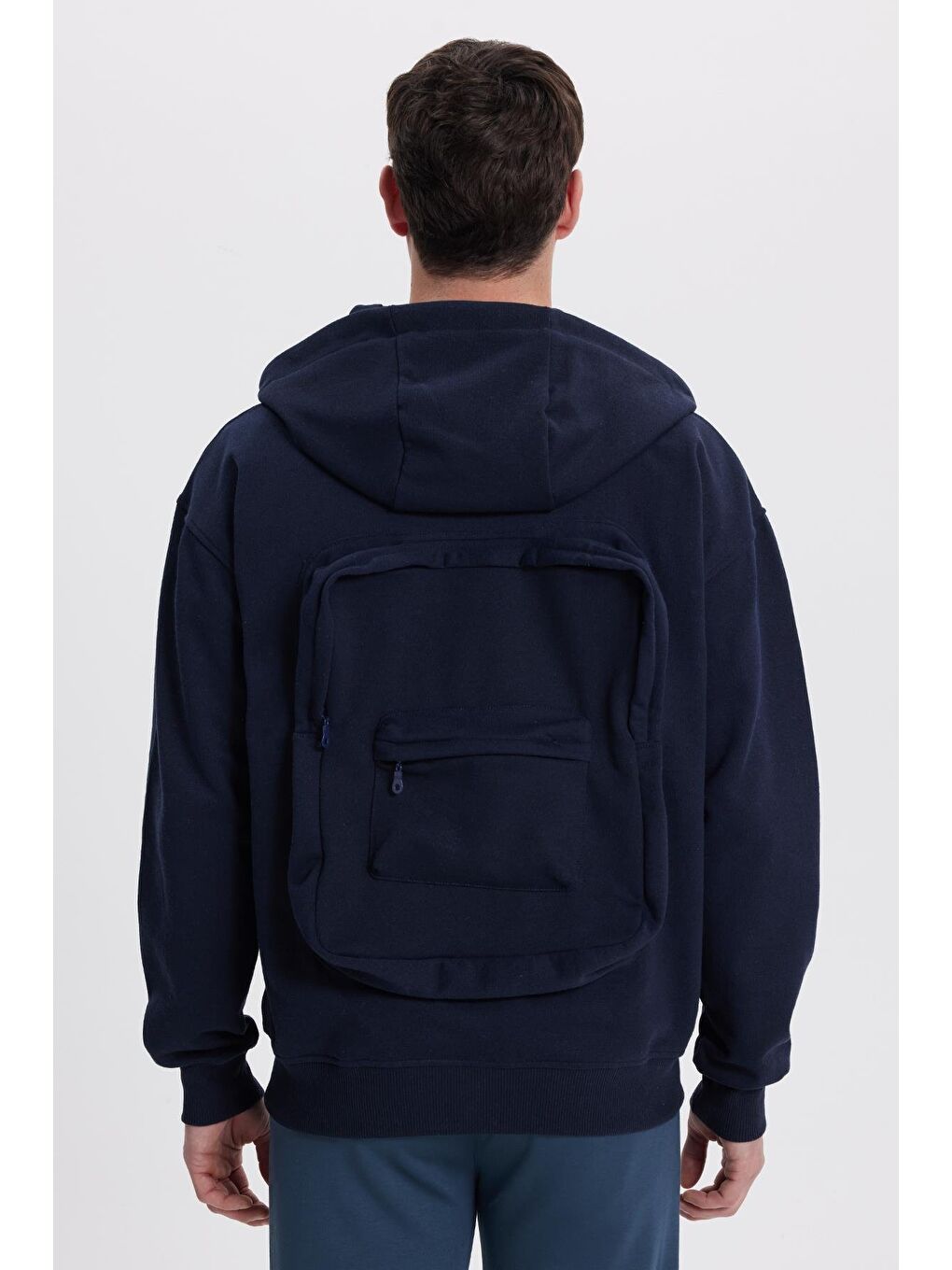Erkek Relax Fit Rahat Kesim Pamuklu Tam Fermuarlı Kanguru Cepli Sırt Çantalı Lacivert Sweatshirt-7