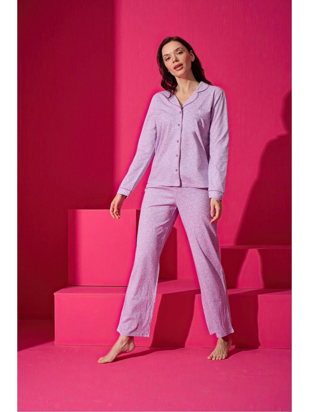 Lila Pamuklu Düğmeli Pijama Takım 451 -31-1