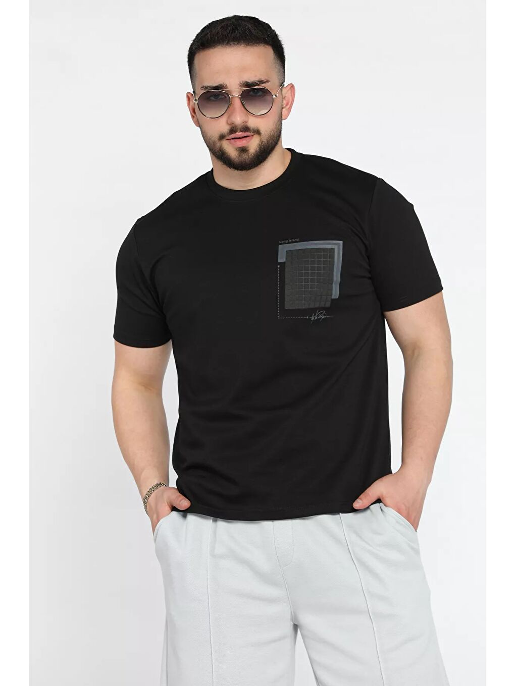 Siyah Erkek Bisiklet Yaka Baskılı Tişört