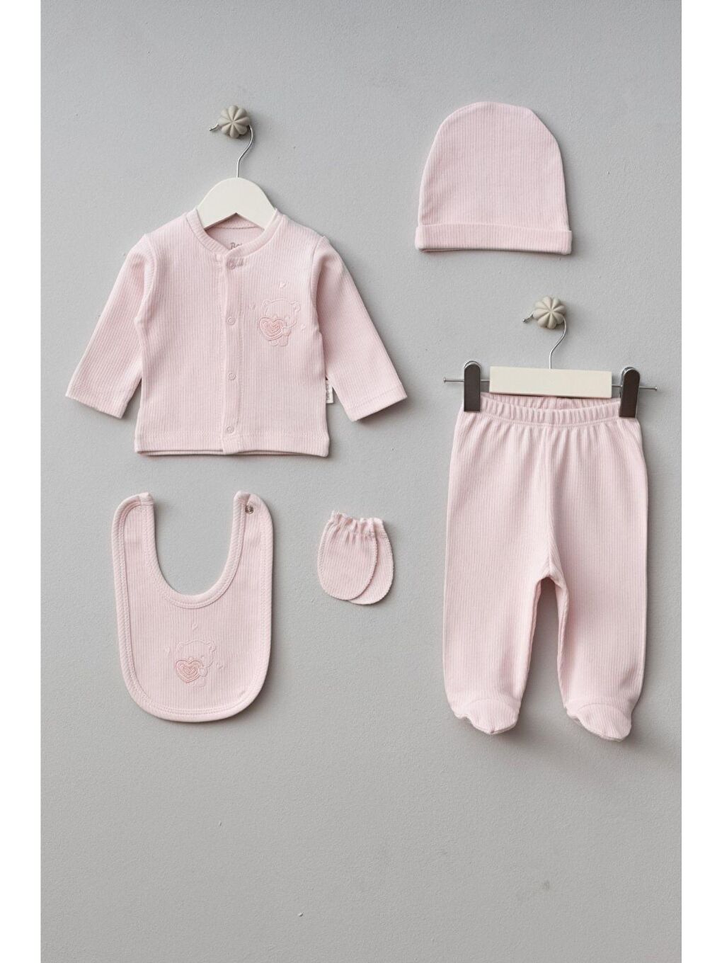 Cantoy Pembe Kız Erkek Bebek Kalpli Ayıcık Desenli 5'Li Hastane Çıkış Set