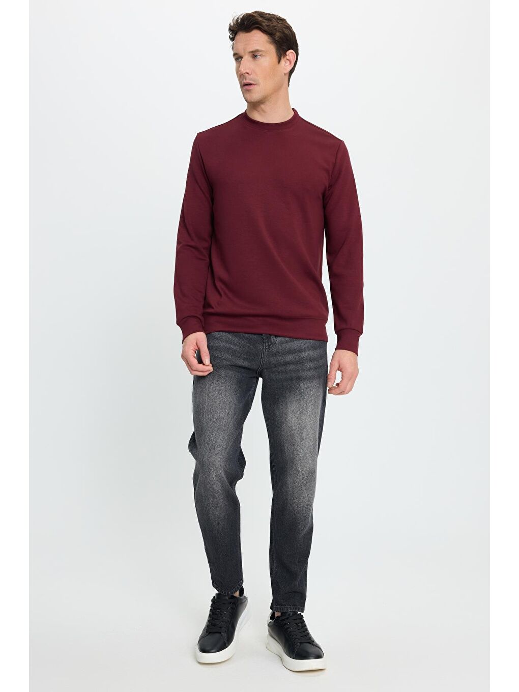 Erkek Standart Fit Normal Kesim Uzun Kollu Ekstra Soft Modal Kumaş Bisiklet Yaka Bordo Sweatshirt-4