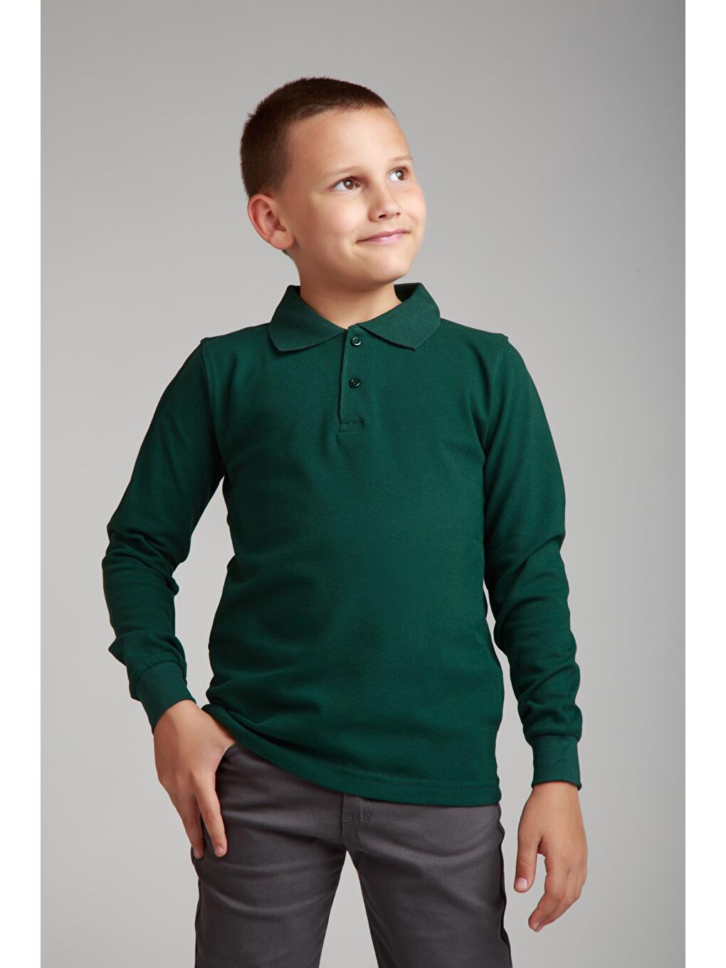 ajn Haki-Yeşil Kids Polo Yaka Basic Uzun Kollu Erkek Çocuk Tişört - 5