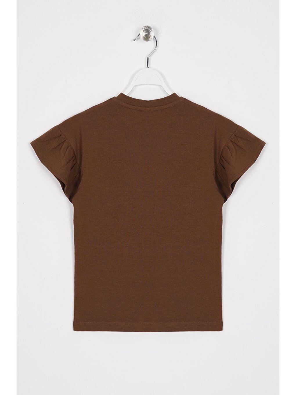 Kolları Fırfırlı Yazı Baskılı Kahverengi Renk Kız Çocuk Tshirt-2