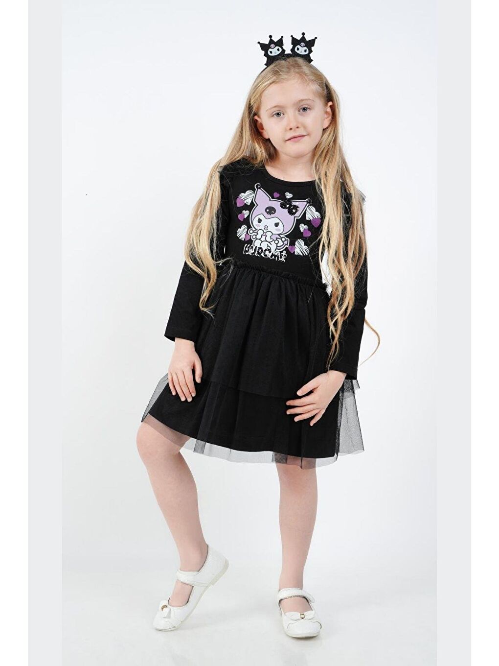 Siyah Kız Çocuk Kuromi Tül Detaylı Elbise-1