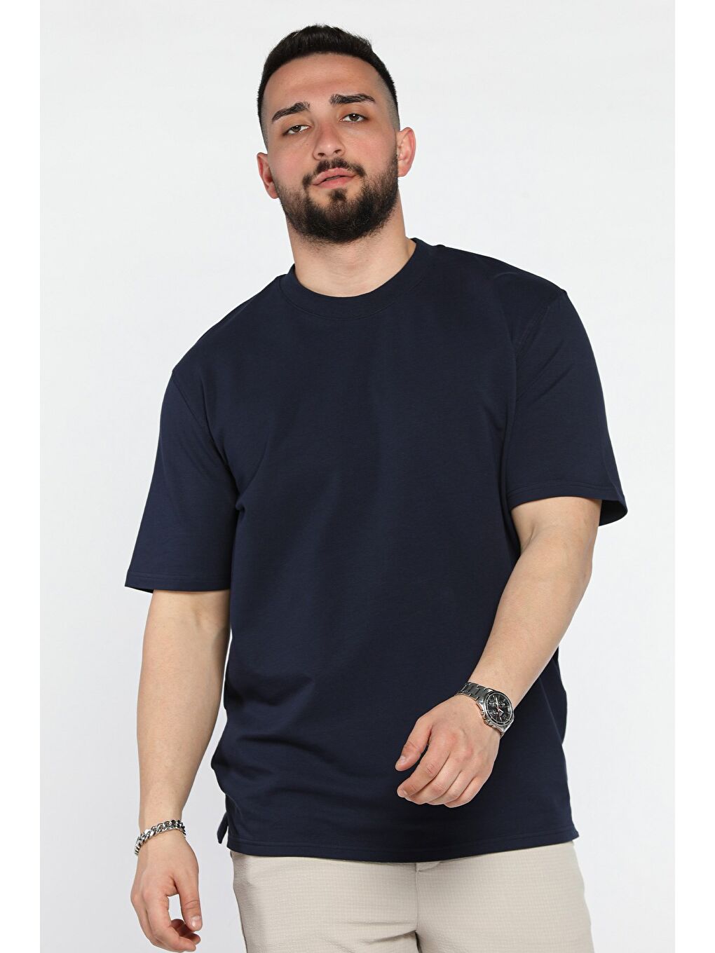 Lacivert Erkek Bisiklet Yaka Tişört-1