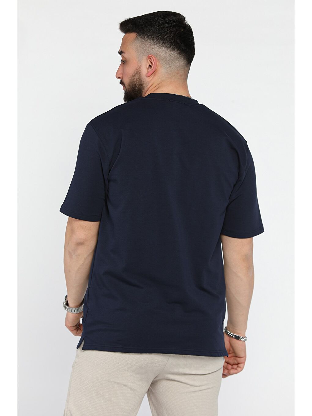 Lacivert Erkek Bisiklet Yaka Tişört-2