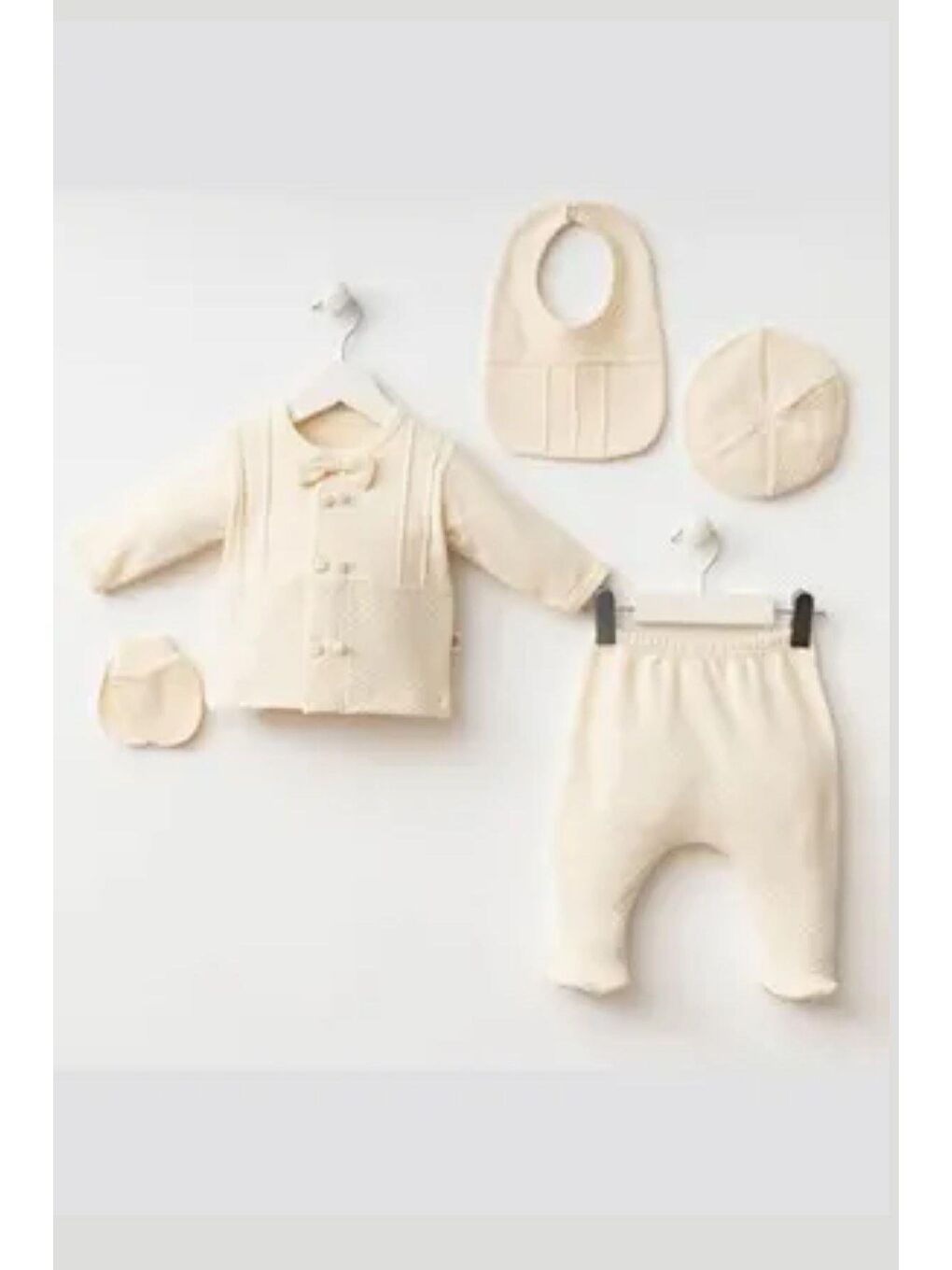 Ekru Erkek Bebek Papyonlu Çift Düğme Detaylı 5'Li Hastane Çıkışı-1