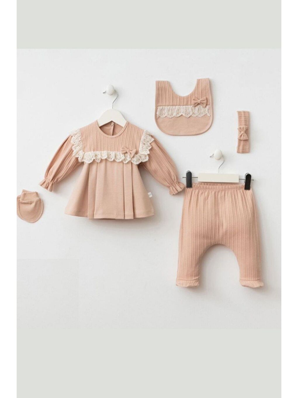 Cantoy Pembe Kız Bebek Dantel Detaylı Fiyonklu 5'Li Hastane Çıkış Set