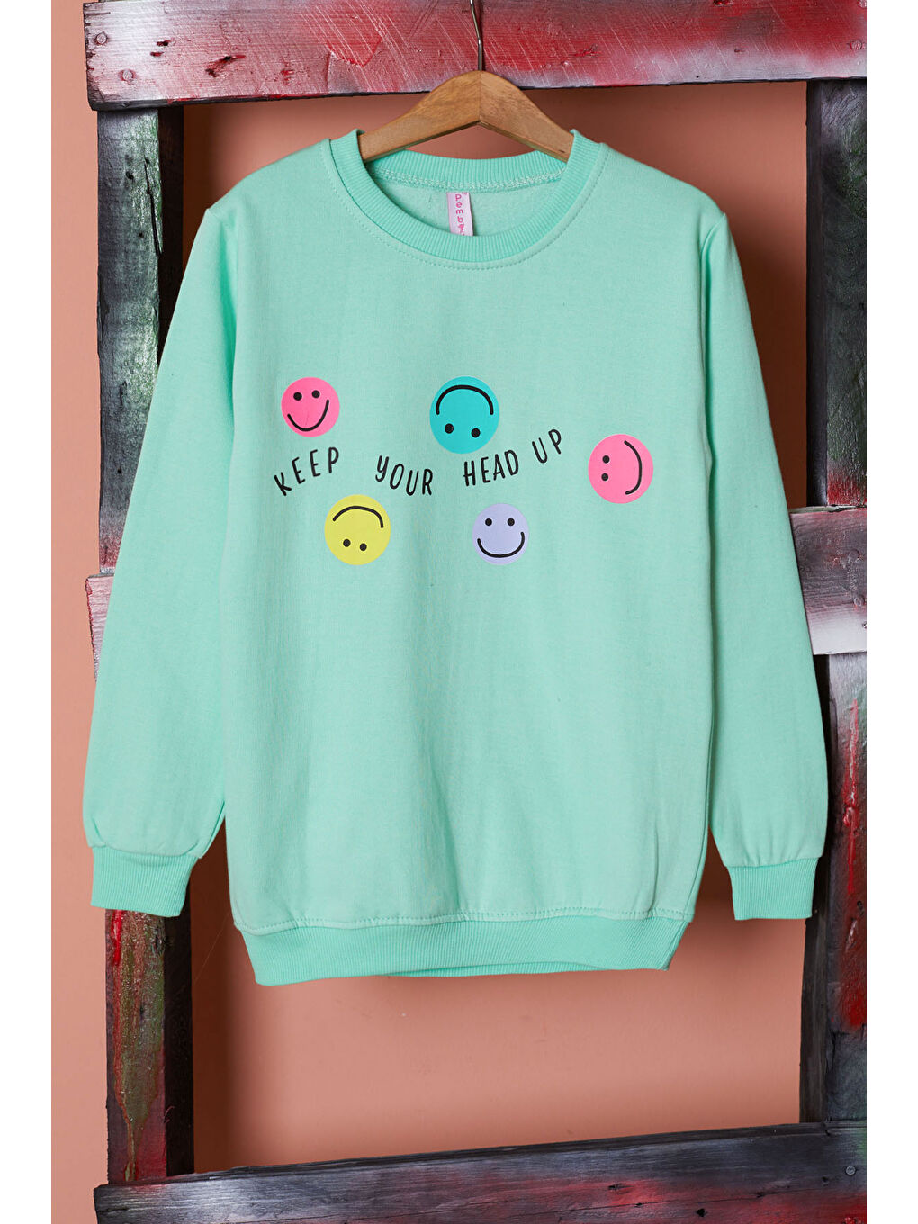 Pembe Life Kids Club Yeşil Gülen Yüz Baskılı Kız Çocuk Bisiklet Yaka Sweatshirt 17281 - 1