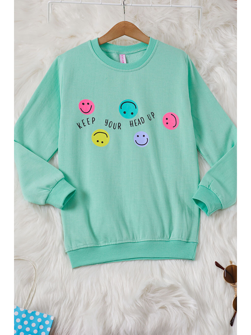 Pembe Life Kids Club Yeşil Gülen Yüz Baskılı Kız Çocuk Bisiklet Yaka Sweatshirt 17281 - 2