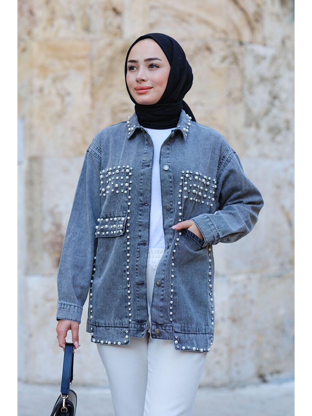 Locco Moda Füme Taş Detaylı Jean Ceket Füme