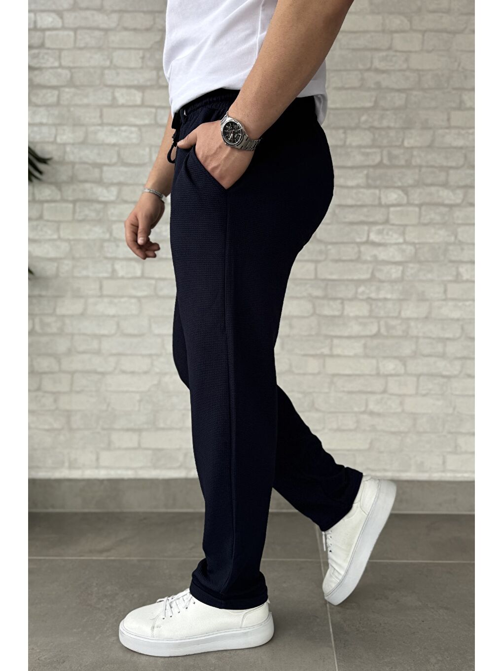 Lacivert Erkek Kendinden Desenli Bel Bağlamalı Jogger Pantolon-1