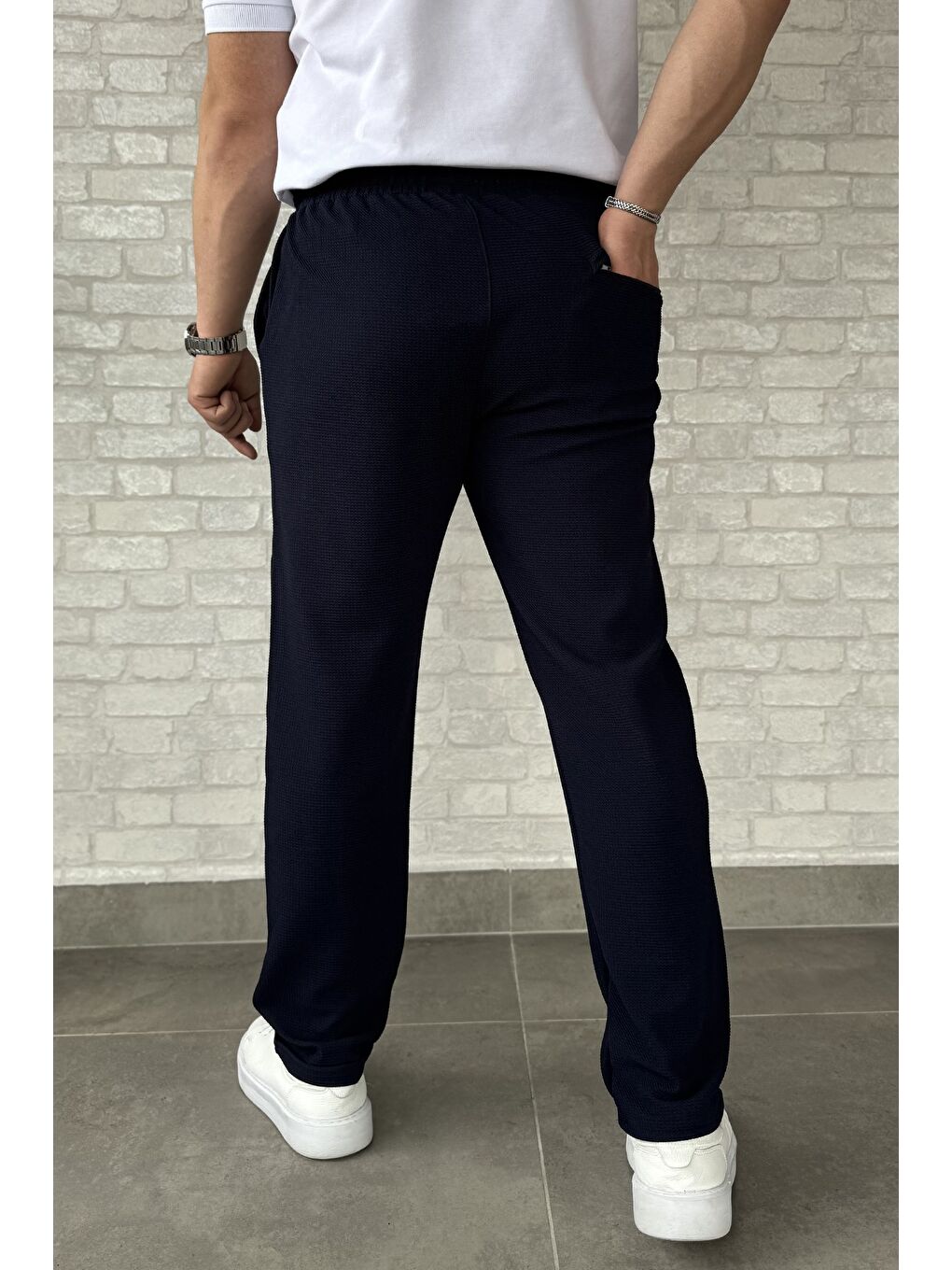 Lacivert Erkek Kendinden Desenli Bel Bağlamalı Jogger Pantolon-2