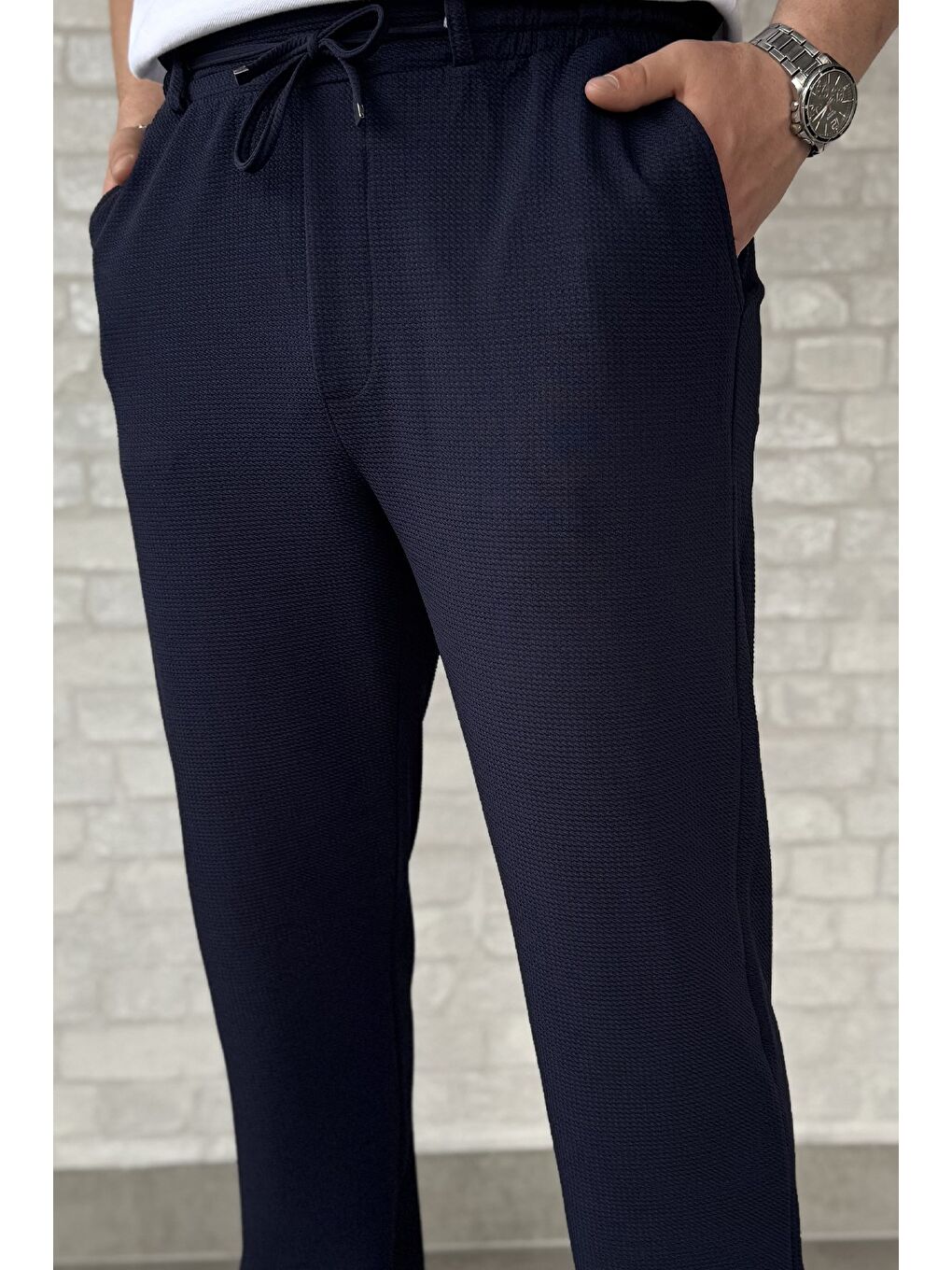 Lacivert Erkek Kendinden Desenli Bel Bağlamalı Jogger Pantolon-3