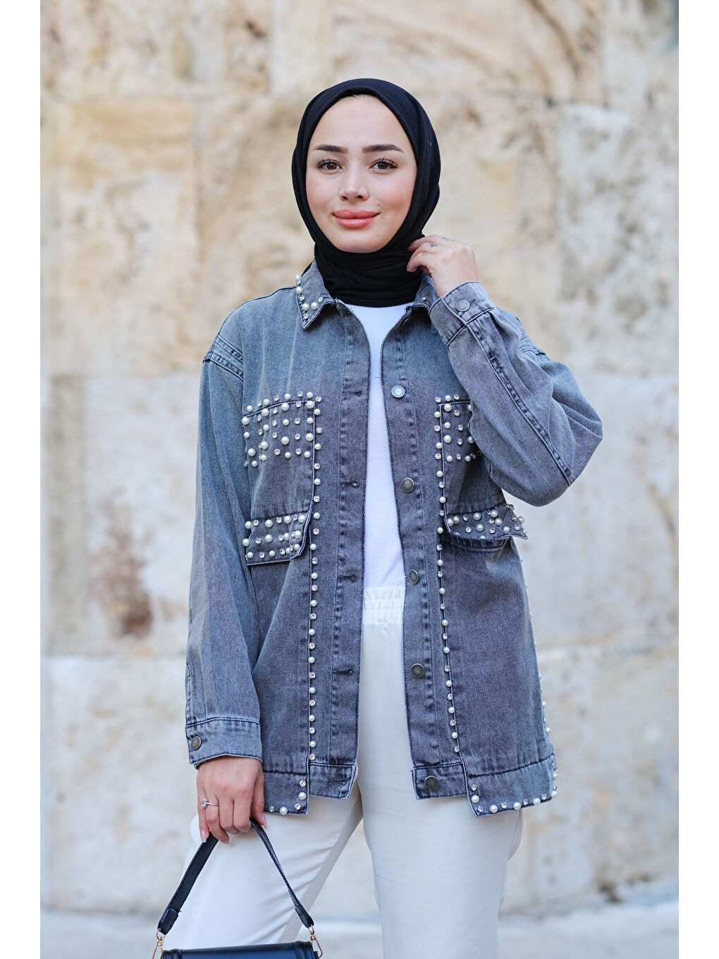 Locco Moda Füme Taş Detaylı Jean Ceket Füme - 3